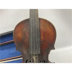 Mid-19th century amateur made violin, probably English, the 36cm one-piece maple back with manuscript inscription 'H. Carlin Feb. 13 1876', maple ribs and spruce top L60cm overall; in ebonised wooden 'coffin' case with two bows