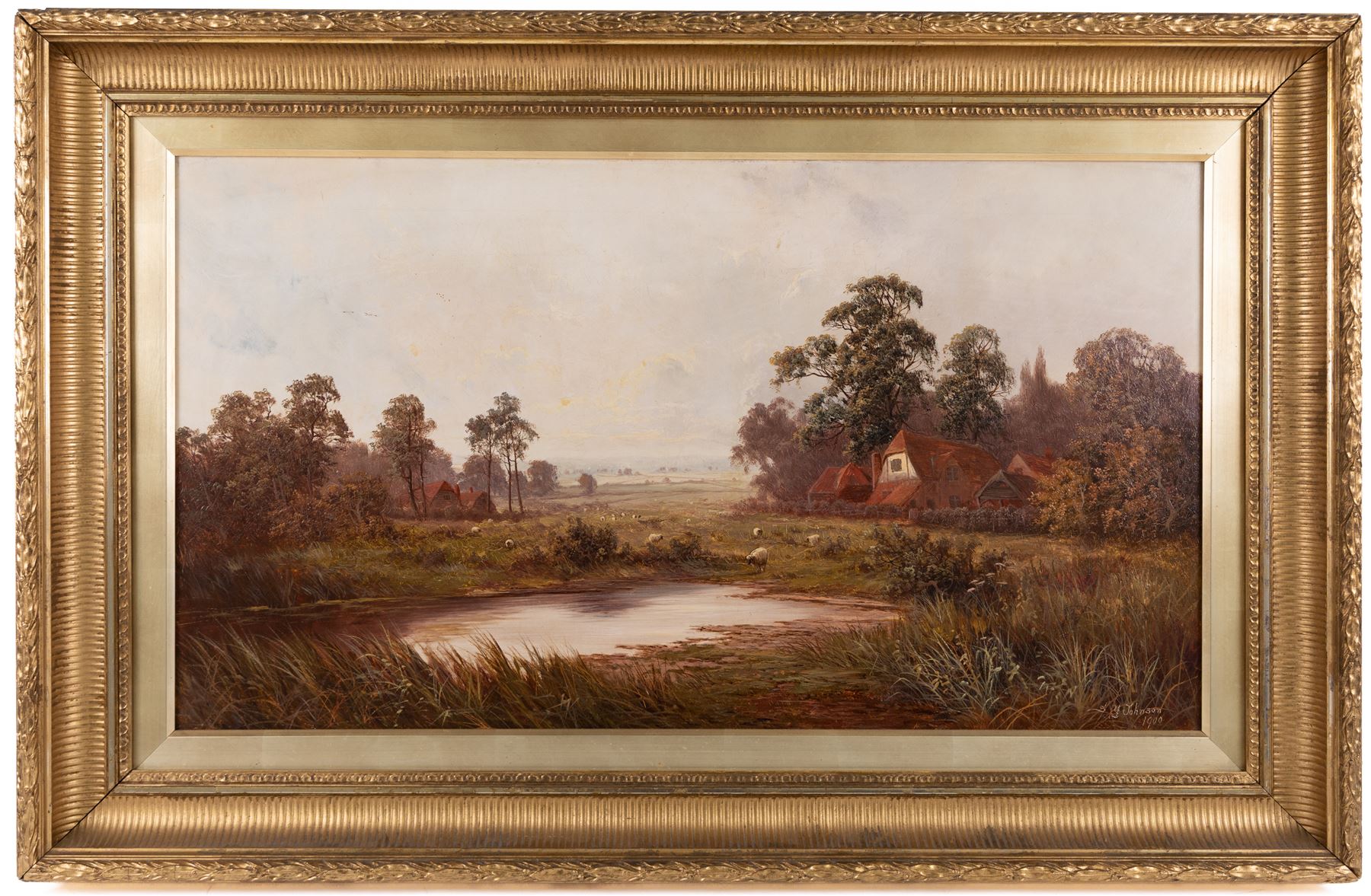 Sidney Yates Johnson (British fl.1890-1926): Farm Pastures at Dusk, oil on canvas signed and dated 1900, 44cm x 80cm