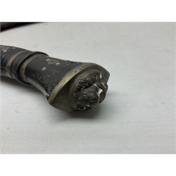 Indian kukri with 29cm curving steel blade and nickel mounted horn grip; in leather covered scabbard with one skinning knife L42cm overall; Hitler Youth knife with scabbard in relic condition; and three African graduated knives each with crudely carved wooden grips and painted leather covered scabbards (5)