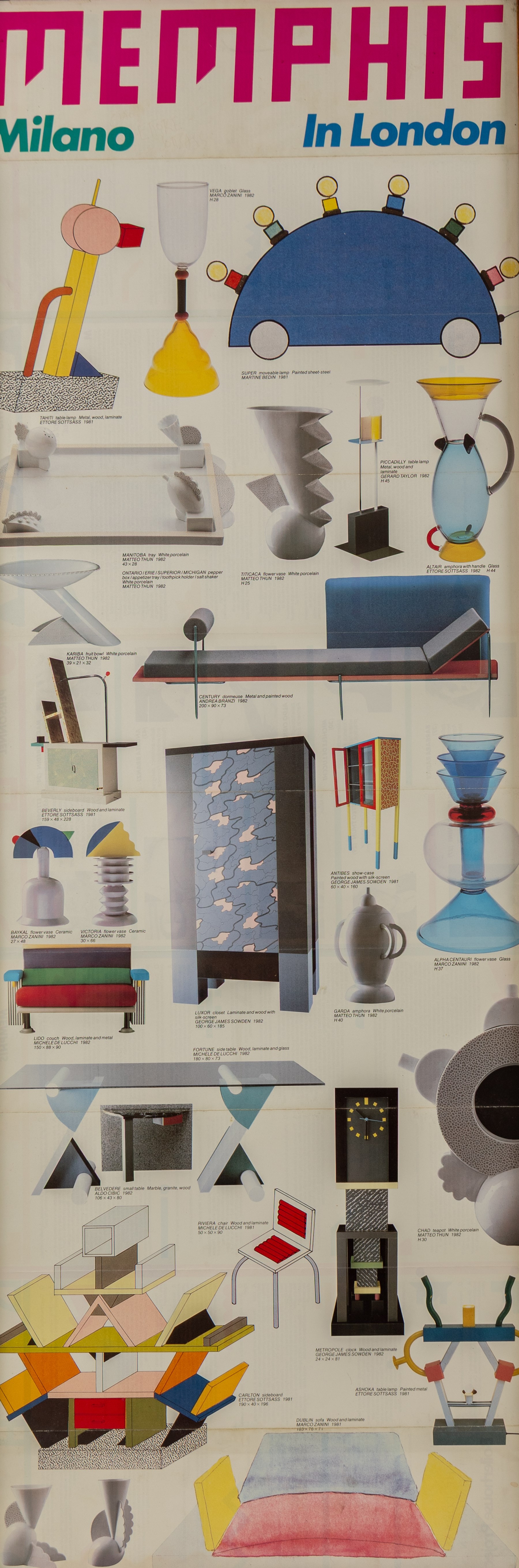 Memphis Milano in London promotional double-sided brochure, signed by Ettore Sottsass, framed 99cm x 34cm
Notes: Memphis Milano was an Italian architecture and design group, founded in 1981 by Sottsass. This exhibition was held at The Boilerhouse Project (a design gallery within the Victoria and Albert Museum) from 1982-83. The Boilerhouse Project later became The Design Museum, firstly at Shad Thames and then Kensington in 2016.