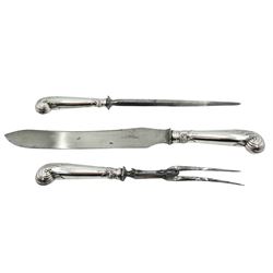 Edwardian silver handled three piece carving set, the knife blade stamped Asprey Bond Street, hallmarked Harrison Brothers & Howson, Sheffield 1903, contained within a fitted case, the interior silk lining marked Asprey 166 Bond St London 