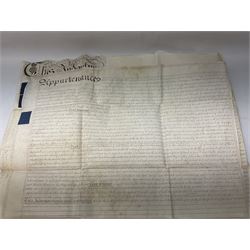 Early 19th century manuscript deed on vellum in three sections dated 25th February 1803 relating to 'An agreement between William Wilberforce, of the old palace yard, Westminster - son of Robert, AND The Reverend Thomas Bowman, of Beverley, who has agreed to buy from William Wilberforce the Freehold of a 