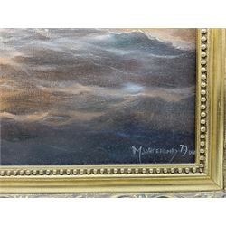 Michael J Whitehand (British 1941-): Galleon at Sunset, oil on canvas signed and dated '79, 72cm x 62cm