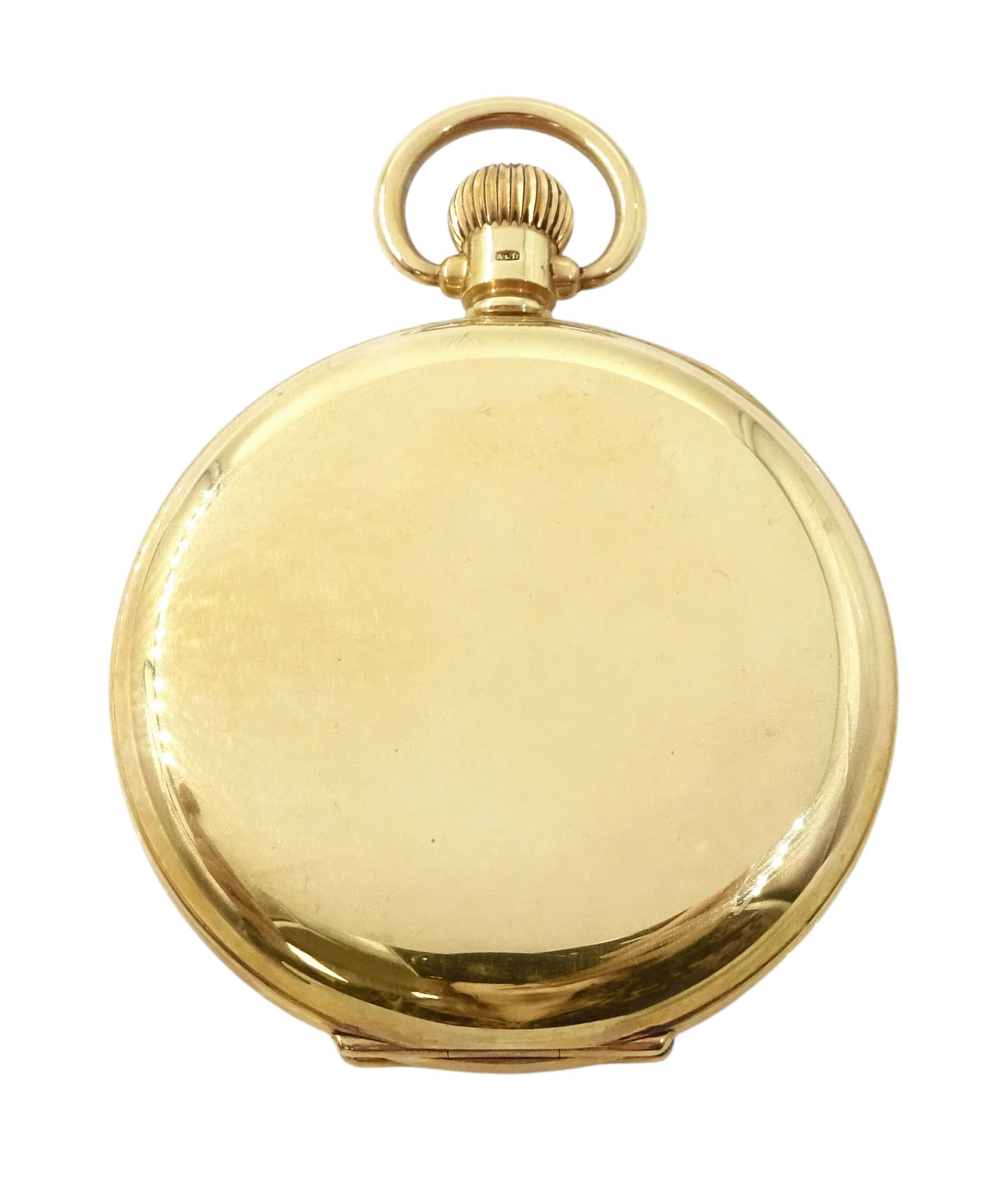 Early-mid 20th century 9ct gold open face Vanguard keyless lever pocket watch by Waltham, Massachusetts, No. 29455279, white enamel dial with Arabic hour markers and subsidiary seconds dial, case by Dennison, Birmingham 1940, in velvet and silk lined case