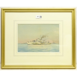  Frank Watson Wood (Scottish 1862-1953): 'HMS Express H61', watercolour signed, titled verso 17cm x 26cm Notes: HMS Express was an E-class minelaying destroyer launched in 1934, serving with the Mediterranean Fleet then through WWII in various locations. Sold after the war the ship became part of a breakwater on the coast of British Columbia in 1948.  DDS - Artist's resale rights may apply to this lot   