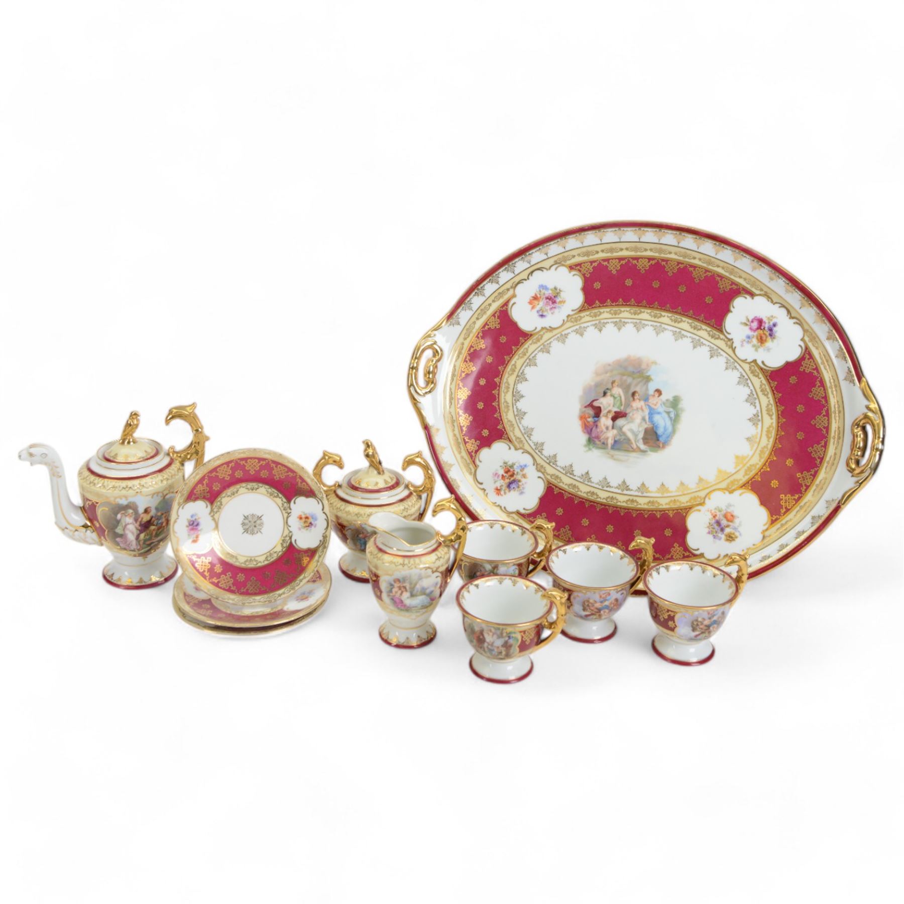 Vienna porcelain cabaret service for four, comprising tray, teapot, covered sucrier, milk jug, cups and saucers 