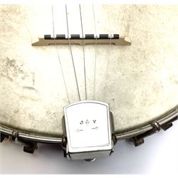 Five-string banjo with 29cm vellum head and tailpiece marked 'J.Y.' L88cm; cased