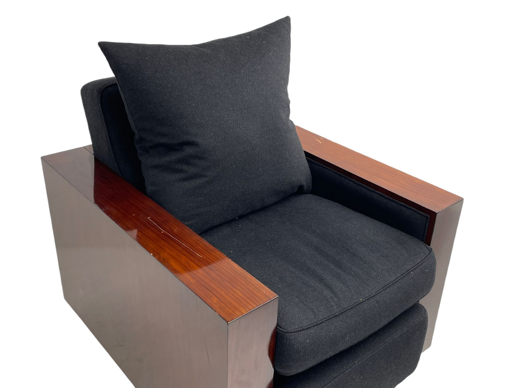 Ralph Lauren - pair 'Metropolis' Art Deco design club armchairs, rosewood finish box frame, upholstered in black fabric