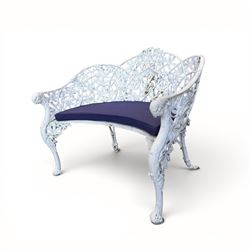 Victorian revival cast two seat garden bench, scrolling lattice back with flower heads, te...
