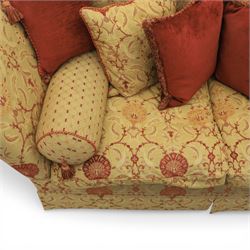 David Grundy - Medium Knoll style drop-arm settee in patterned fabric with eight associated scatter and bolster cushions