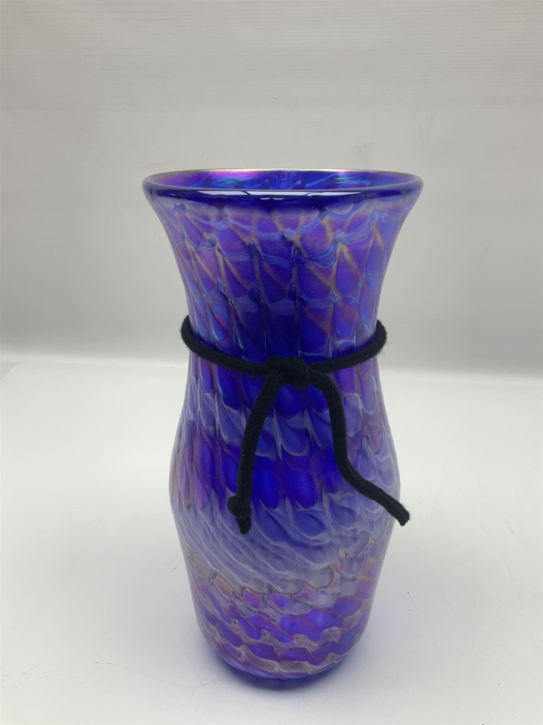 John Ditchfield for Glasform studio glass vase, with mottled wave design upon an iridescent purple ground, signed and numbered beneath, with certificate of authenticity tag, H26.5cm