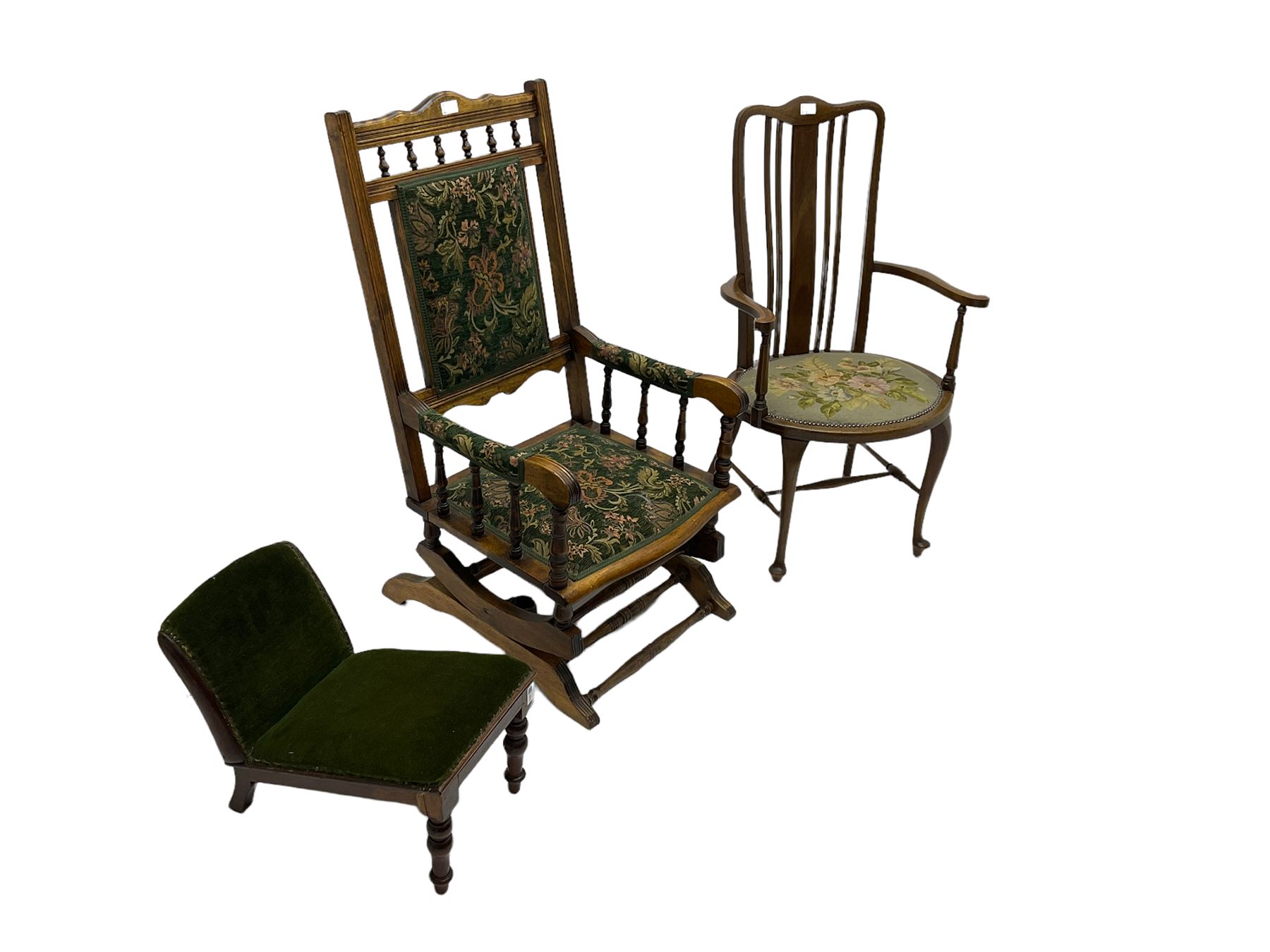 Edwardian Mahogany elbow chair, 19th century adjustable gout stool