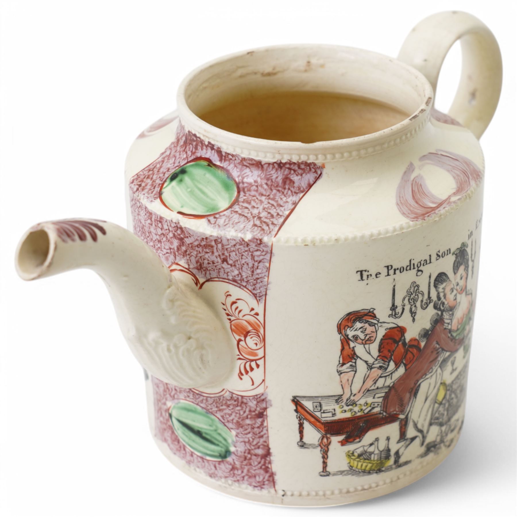 Late 18th century creamware teapot by William Greatbatch, decorated with scenes from 'The Prodigal Son' series including 'The Prodigal Son in Excess' and 'The Prodigal Son in Misery', lacking cover, H10cm