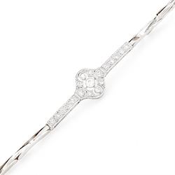 Art Deco white gold and platinum diamond bracelet, the central articulated panel milgrain set with old and single cut diamonds, to a white gold expanding link bracelet, stamped 18ct