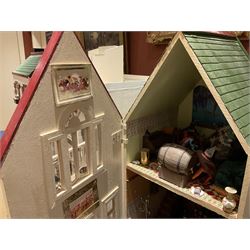Seagull Pub - scratch-built wooden doll's house as a two-storey gable fronted public house painted in white green and maroon; the hinged front with ground floor veranda and window over opening to reveal two fully furnished rooms with dog-leg staircase and well stocked bar with bar-tender L31cm H62cm D37cm; together with Corner Shop and Dollies Pantry; a similarly painted scratch-built wooden two-storey flat-roofed doll's house as a well stocked ground floor grocery shop with stairs up to two further fully furnished rooms and more stairs giving access to a roof terrace L46cm H57cm D33cm (2)