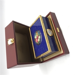 Reuge Music - simulated lapis lazuli automaton box, oval floral plate reveals singing bird, circular Arabic dial timepiece with quartz movement, gilt metal moulded mounts, in presentation case, with box, numbered underneath '2270', W12cm 