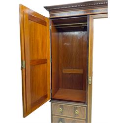 James Shoolbred & Co. London - Edwardian inlaid mahogany triple combination wardrobe, projecting dentil cornice over bevel glazed door, two figured oval panelled doors and four drawers, the central compartment fitted with linen slides and drawers, satinwood banding, on base with shaped apron and bracket feet, with enamel plaque 