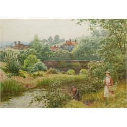Charles Gregory (British 1850-1920): 'A Bright Way Elstead' - Children Fishing, watercolour signed 39cm x 54cm