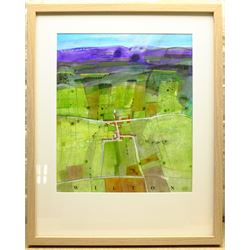Russell Lumb (British 1946-): 'Wilton', mixed media semi-abstract map titled, signed with monogram and dated '15, artist's address label verso 34cm x 29cm