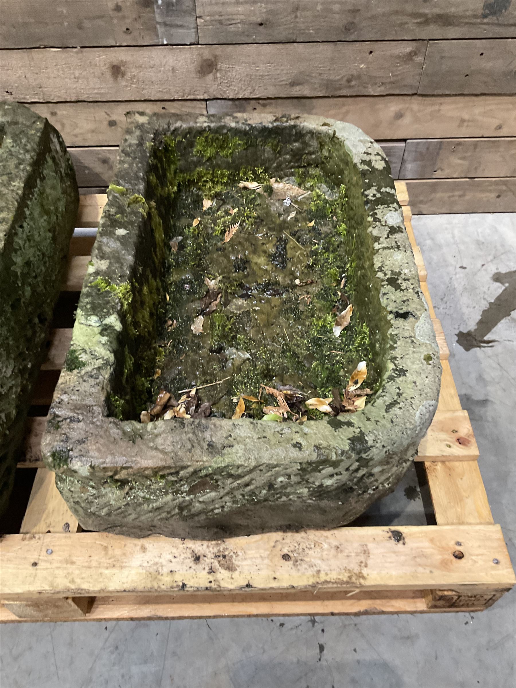Two 19th century rectangular stone troughs (W72cm, D46cm, H25cm & W70cm, D44cm, H23cm)