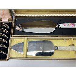 Collection of silver-plated cutlery including cased set of six EPNS cake forks, Royal Crown Derby pie server, sugar tongs, ladles, etc