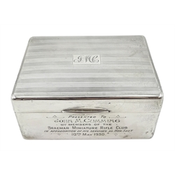 Silver mounted presentation cigarette box, engine turned decoration, inscribed by William Neale & Son Ltd, Birmingham 1927