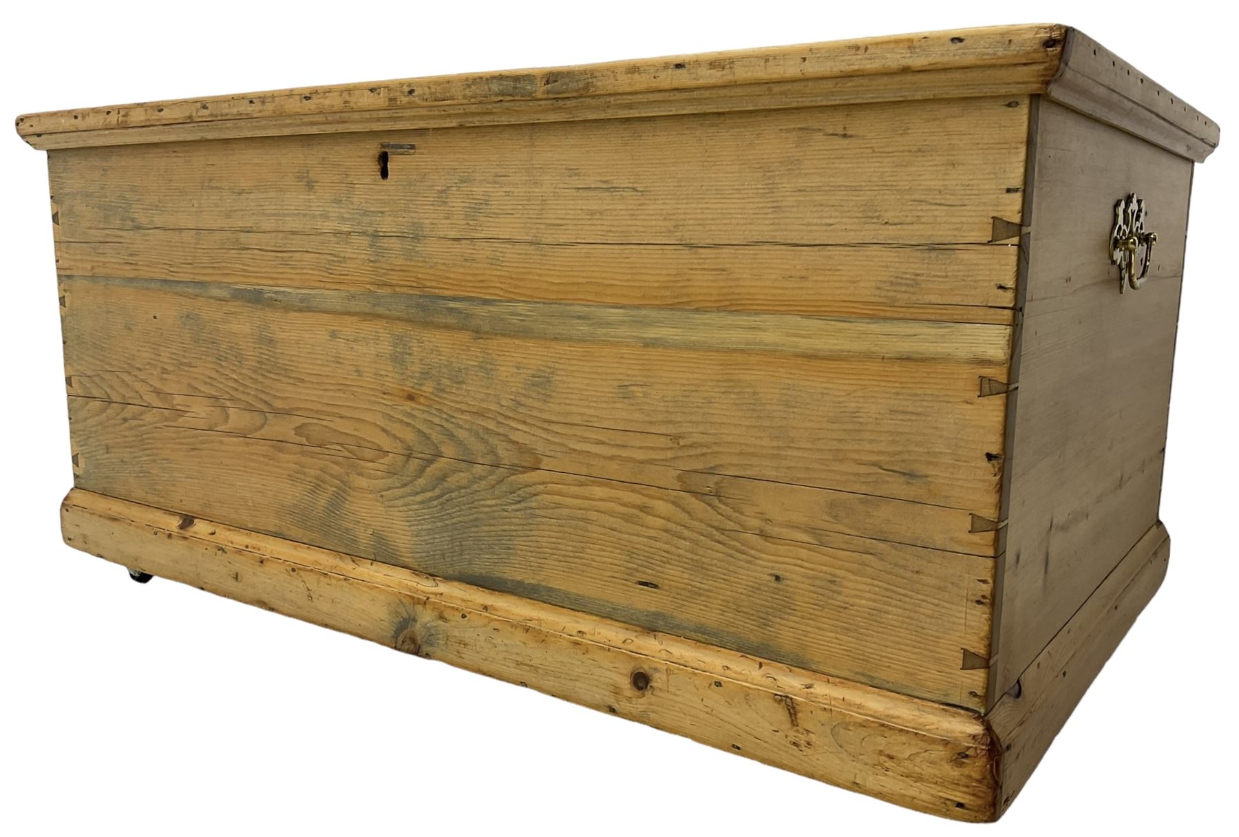 Victorian pine blanket box, hinged lid, fitted with carrying handles, on castors