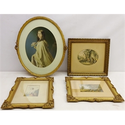  Still Life of Flowers, 'The Day Before Marriage' and 'The Lovers Letter Box', three 19th century George Baxter chromolithographs prints, Portraits and Coaching Scenes max 34cm x 26cm (10)  