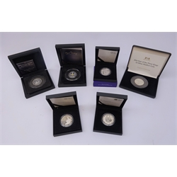  Six silver piedfort commemorative coins 2014 'HRH Prince George of Cambridge' one crown, 2016 'Year of the Three Kings' five pounds, 2016 'The 90th Birthday of Her Majesty The Queen' five pounds, 2017 'The Sapphire Jubilee of Her Majesty The Queen' five pounds, 2018 'The Royal Wedding' one crown, and 2019 'The Tower of London The Crown Jewels' five pounds, all cased with certificates  