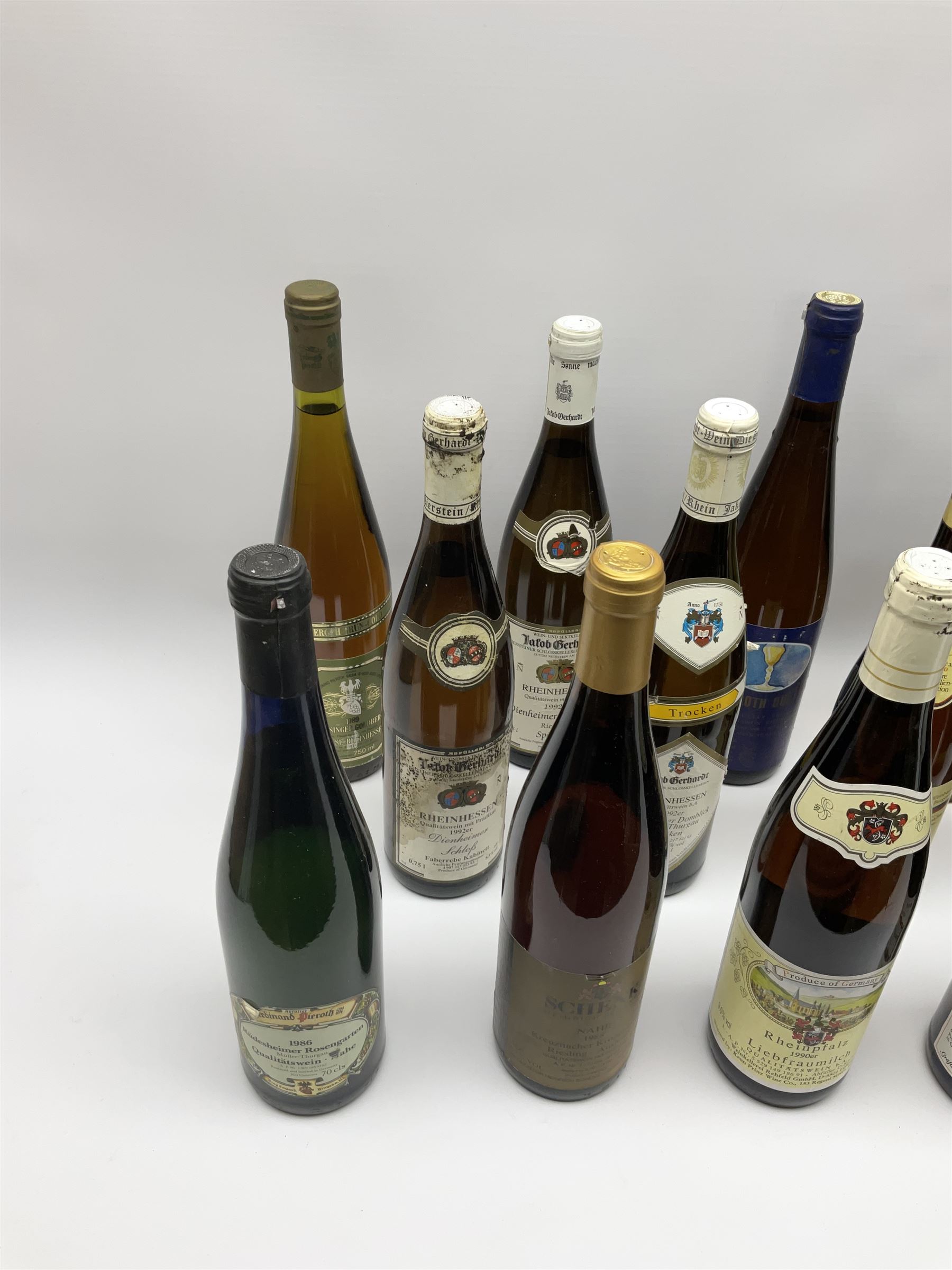 Mixed alcohol including Pieroth Grun-Gold 1983 Klusserather St. Michael Auslese 70cls, Pieroth Blue 1987 Kabinett Nahe 700ml, 7.5%vol etc, various contents and proofs, 18 bottles
