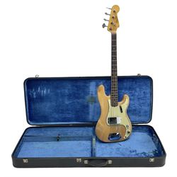 1962 Fender Precision bass guitar; re-finished in natural alder in the 1970s; impressed date code 5NOV62C to end of neck and serial no.90537 to back plate; L115.5cm; in replacement hard carrying case