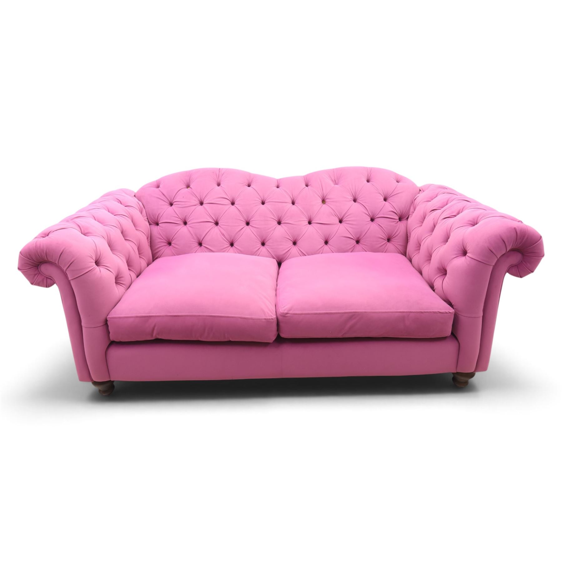 Joules - Windsor Chesterfield three seater sofa in pink velvet, shaped back with deep buttoned sides, loose seat cushion raised on turned and shaped supports