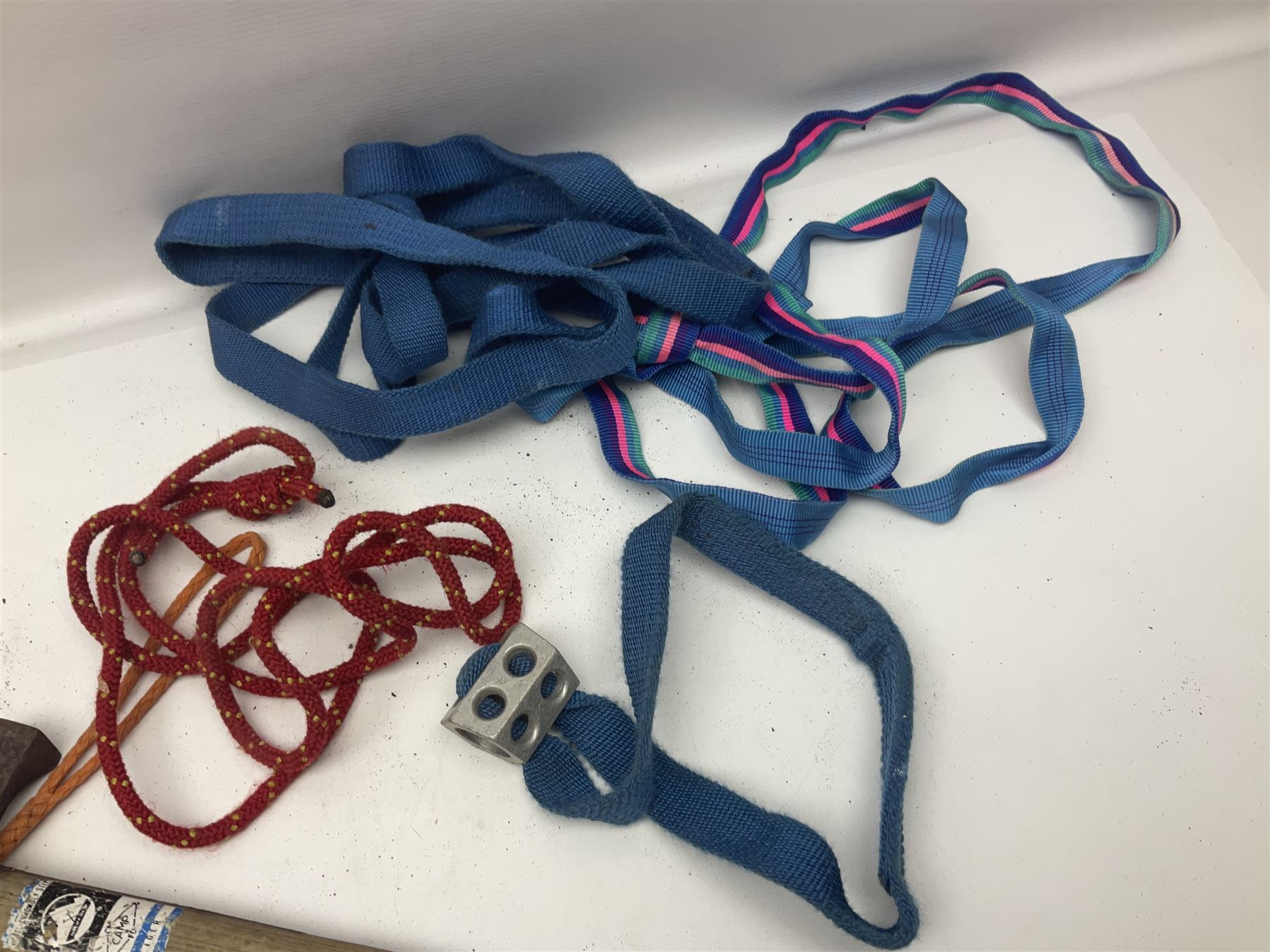 Collection of 1960s/70s climbing equipment including two original Hamish McInnes Pterodactyl ice axes, Joe Brown helmet, carabiners, ropes and wires etc