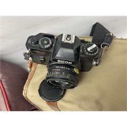 Cameras and accessories, to include Olympus OM101 Power Focus camera body, serial no 1076067, with 'Sigma AF Zoom 1:38, f=75 200mm' lens, serial no 2053714, Canon EOS 5000 camera body, serial no 1507812, with 'Canon Zoom EF 80-200mm, 1:4.5-5.6' lens, other cameras, by Miranda, Coronet and Ricoh and a collection of lenses, carry cases, etc 