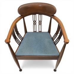 Early 20th century Hepplewhite style mahogany armchair, upholstered shaped back over pierced splat back with linked oval decoration, open arms and upholstered seat, on square tapering supports terminating in pad feet