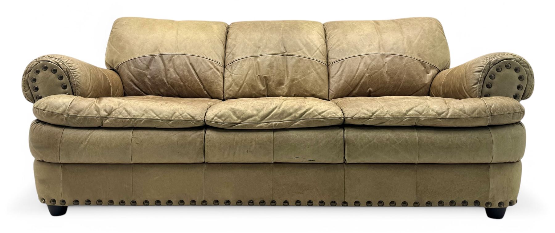 Contemporary three-seat sofa, upholstered in stitched brown leather with brass studwork decoration, rolled back and arms, raised on turned supports