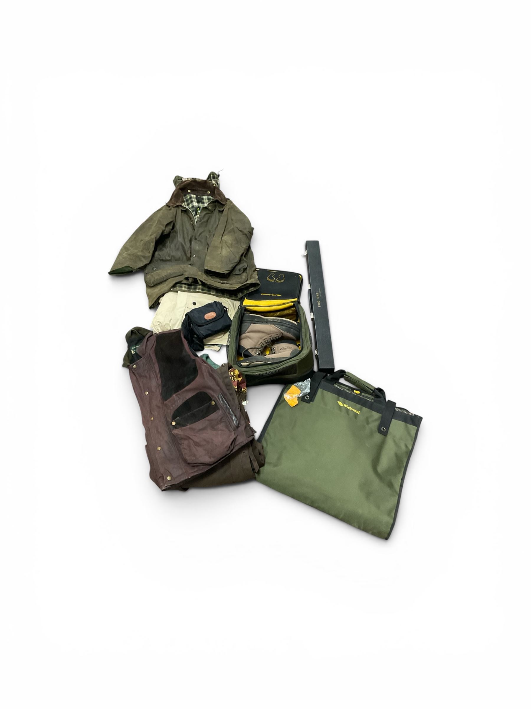 Barbour jacket, together with another jacket, Clyde Valley Gillet, Vision boots and Wychwood shoe box and bag  
