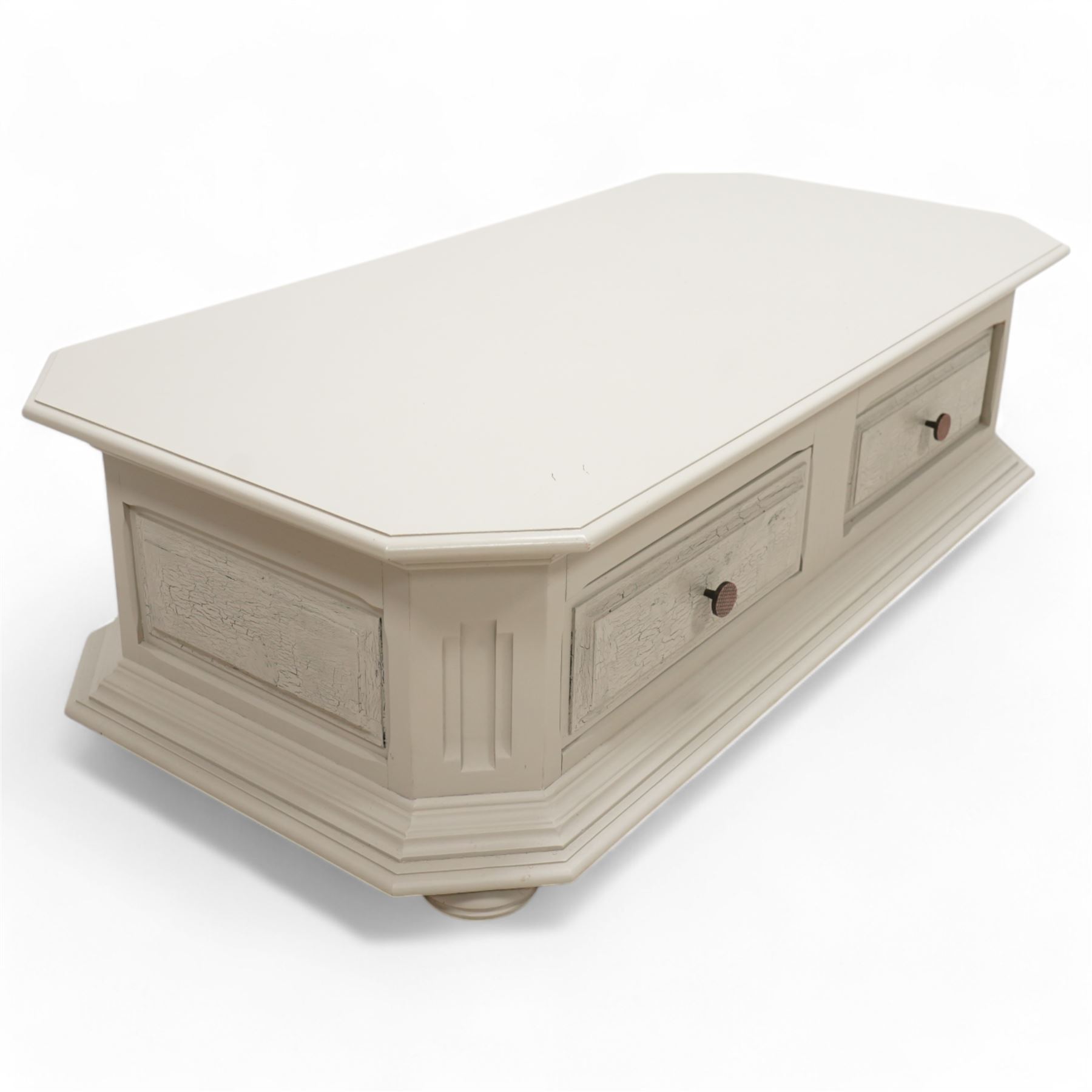 Light grey painted low coffee table, canted rectangular form fitted with two through drawers, on compressed bun feet