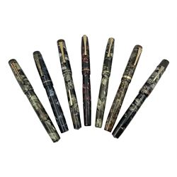 Seven marbleised fountain pens, to include Summit S125, Dickinson Croxley, Eversharp Kingswood, Valentine, etc, five with 14ct gold nibs  