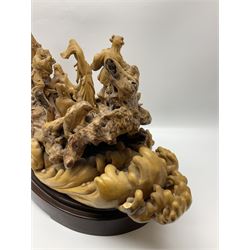 Large Chinese wood carving, depicting the eight immortals crossing the sea, H46cm, L78cm 