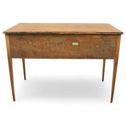 George III inlaid mahogany side table, rectangular top over three cockbeaded drawers with oval brass backplates and handles, on square tapering supports