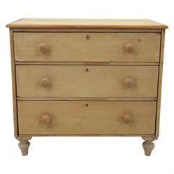 Victorian stripped pine chest, fitted with three drawers, turned wooden handles, raised on turned legs