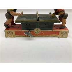 Six modern clockwork tin-plate toys comprising table tennis players by P.P L23cm; hotel porter; vintage car; two aircraft and zeppelin; all unboxed (6)