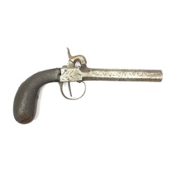 Mid-19c Belgian percussion cap pocket pistol with (seized) turn-off octagonal barrel, foliate chased action and chequered walnut grip 21cm overall