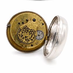 George III silver pair cased verge fusee pocket watch by W.C. Tooke, Lynn, No. 23960, pierced and engraved balance cock decorated with a mask, enamel polychrome dial depicting rope makers and personalised 'John Withers' hour markers, case by William Linsley, London 1814