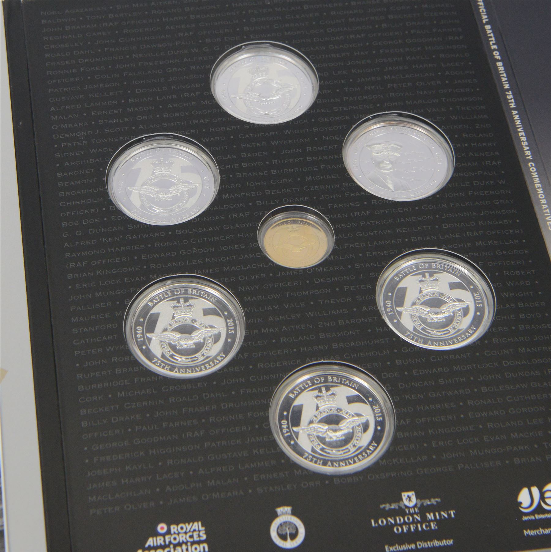 The London Mint Office 'Their Finest Hour The Official Battle of Britain 75th Anniversary Commemoratives' seven medallion set, including 9ct gold 6.4 grams proof commemorative, housed in a folder with certificates