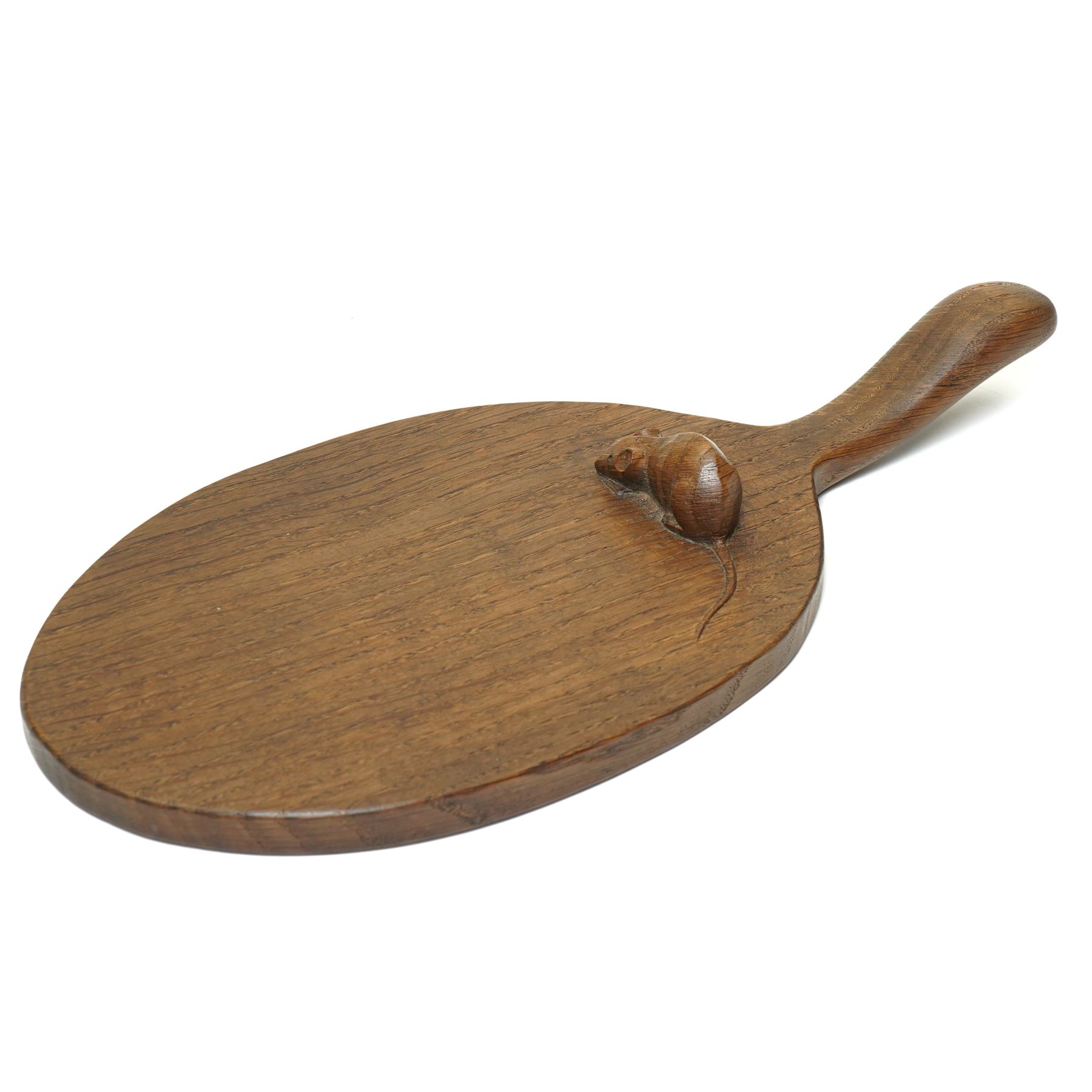 Mouseman - circa 1940s/50s oak cheese board, oval form with handle, good colour, the board with carved mouse signature, by Robert Thompson of Kilburn