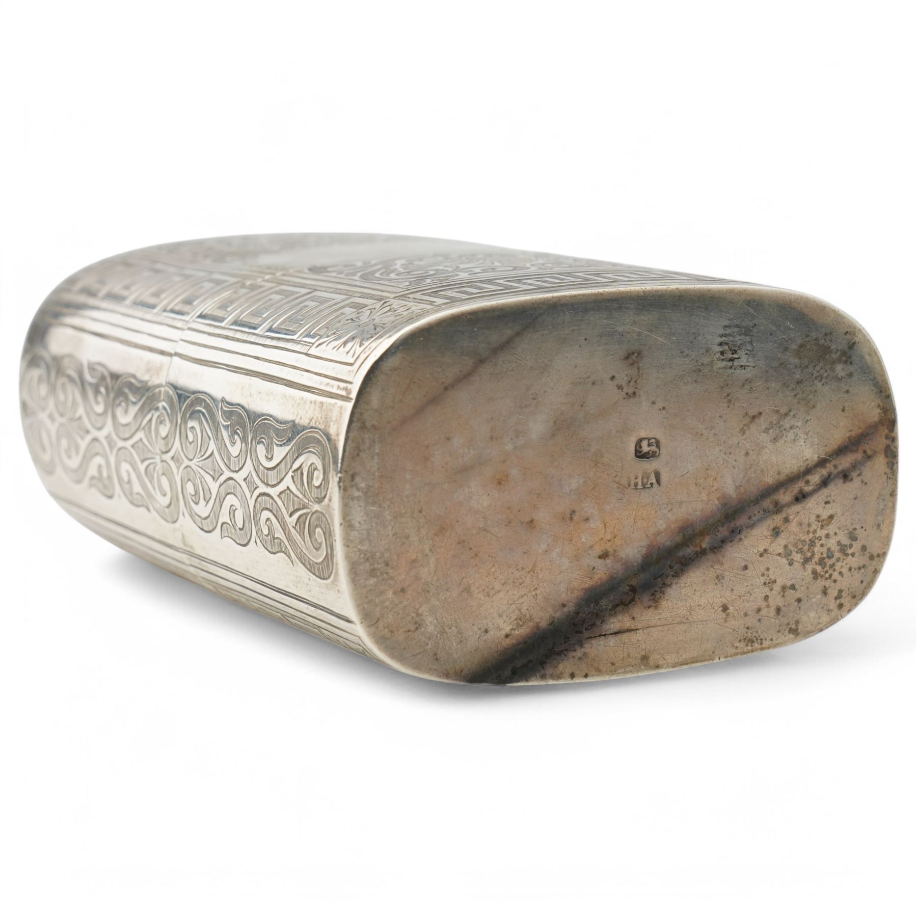 Victorian silver hip flask engraved with scrolls and vacant cartouche within a key pattern border, screw off cap 12cm Birmingham 1862 Maker Henry Hyde Aston