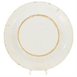 Five 18th century blue and white English and Dutch Delft plates, to include an example probably by the Abigail Griffith Delftworks in Lambeth, London, circa 1765-1775, depicting a landscape scene with house and tree, contained within geometric borders, D23cm, largest example D30cm 