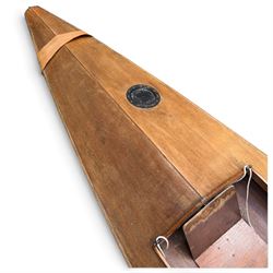 Mid-20th century varnished marine plywood two-person touring kayak, the decked hull with pointed bow and stern, two circular Holt-Allen access hatches and central open cockpit fitted with seats